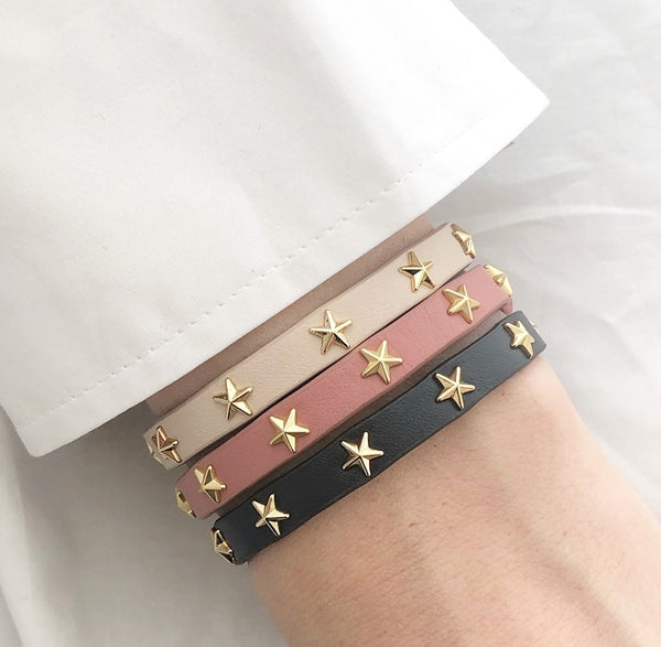 LEATHER STAR STUD BRACELET MINI BLACK W/GOLD – DARK