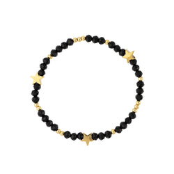 CRYSTAL BEAD BRACELET W/STAR & GOLD BEADS SPARKLED BLACK