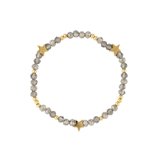 CRYSTAL BEAD BRACELET W/STAR & GOLD BEADS SPARKLED GREY