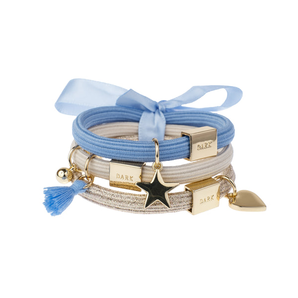 HAIR TIES 3 PK CHARM COMBO SAND & BLUES W/GOLD