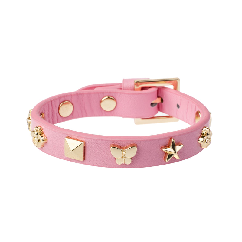 LEATHER SIGN STUD BRACELET BUBBLEGUM PINK