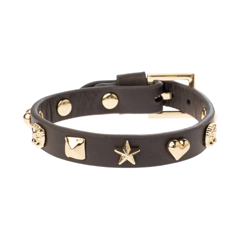 LEATHER SIGN STUD BRACELET CHOCOLATE BROWN