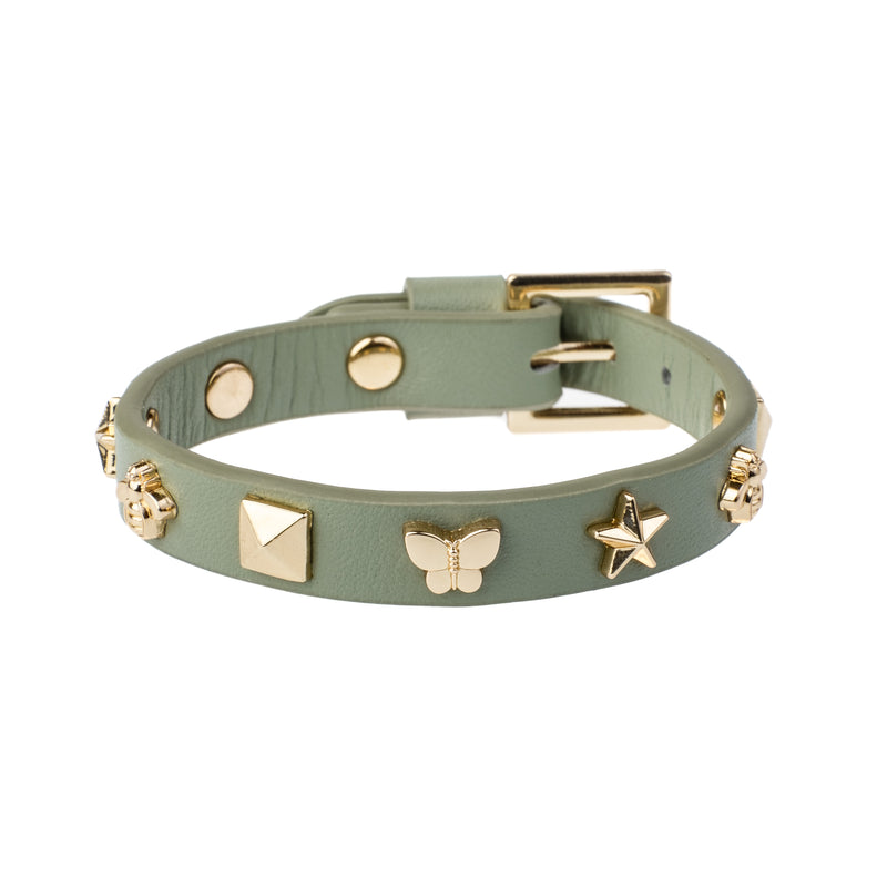 LEATHER SIGN STUD BRACELET MILIEU GREEN