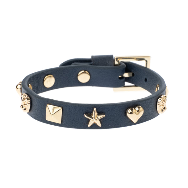 LEATHER SIGN STUD BRACELET NAVY BLUE