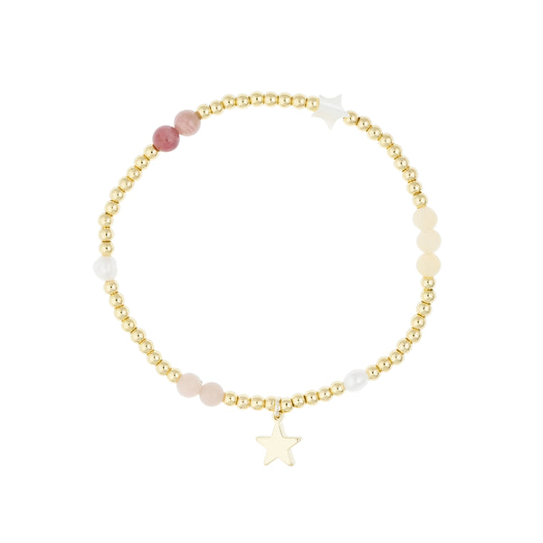 METAL BEAD BRACELET W/STONE BEADS & PEARLS PINK & YELLOW MIX