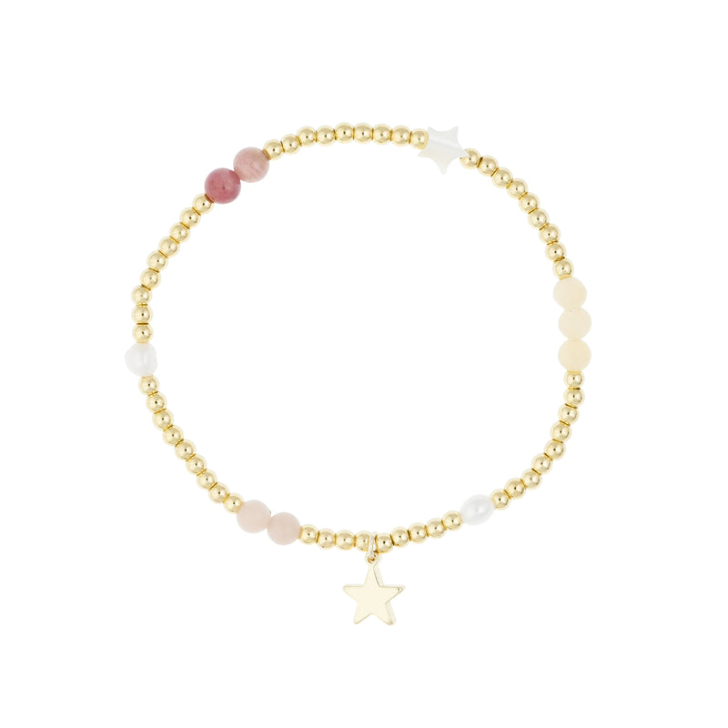 METAL BEAD BRACELET W/STONE BEADS & PEARLS PINK & YELLOW MIX