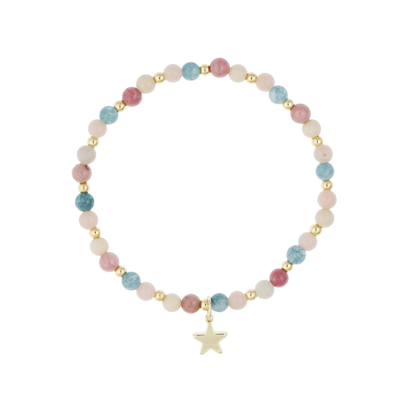 STONE BEAD BRACELET 4 MM W/GOLD BEADS ROSE & AQUAMARINE MIX