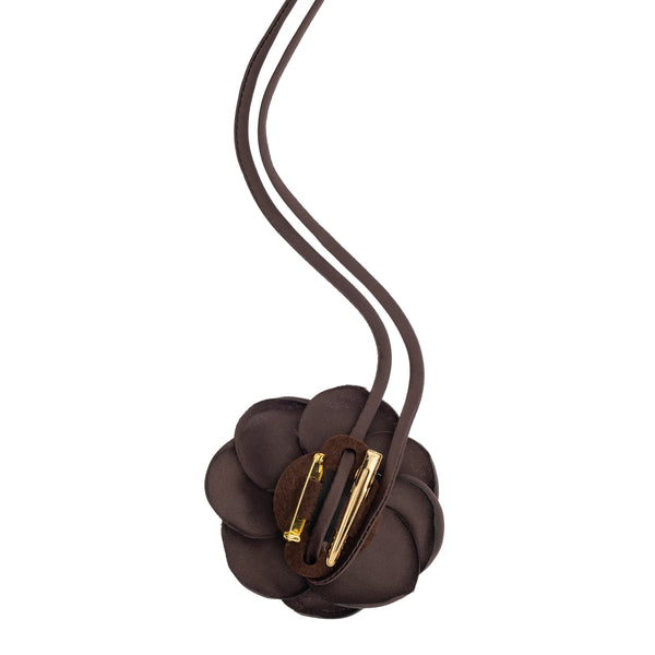 SATIN ROSE BROOCH CHOCOLATE BROWN