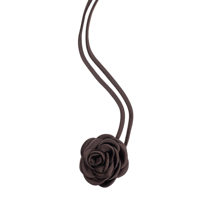 SATIN ROSE BROOCH SMALL CHOCOLATE BROWN