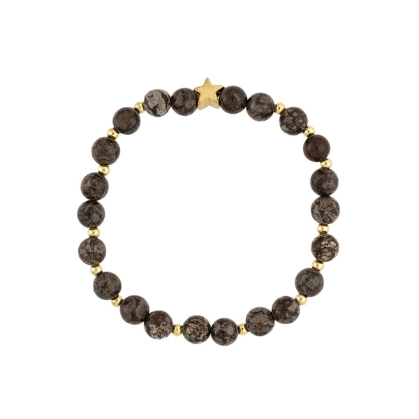 STONE BEAD BRACELET 6 MM W/GOLD BEADS CHOCOLATE BROWN