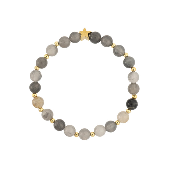 STONE BEAD BRACELET 6 MM W/GOLD BEADS COOL GREY