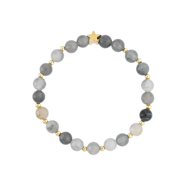 STONE BEAD BRACELET 6 MM W/GOLD BEADS COOL GREY