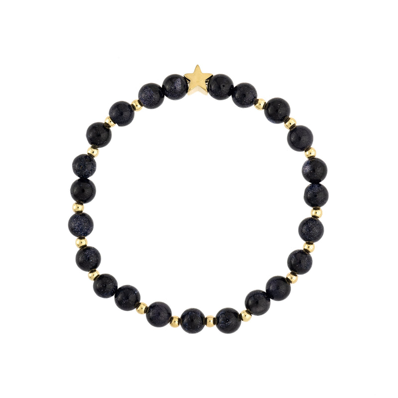 STONE BEAD BRACELET 6 MM W/GOLD BEADS NAVY BLUE