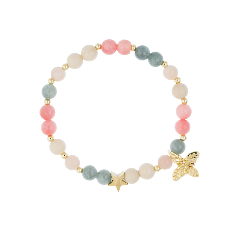 STONE BEAD BRACELET 6 MM W/GOLD BEADS & CHARM ROSE & AQUAMARINE MIX