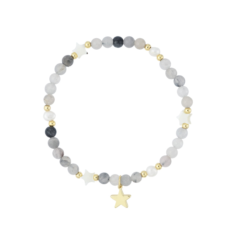 STONE BEAD BRACELET W/MOP STAR & PEARLS COOL GREY