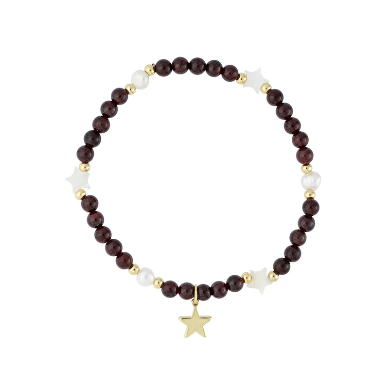 STONE BEAD BRACELET W/MOP STAR & PEARLS MAROON