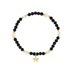 STONE BEAD BRACELET W/MOP STAR & PEARLS MATTE BLACK