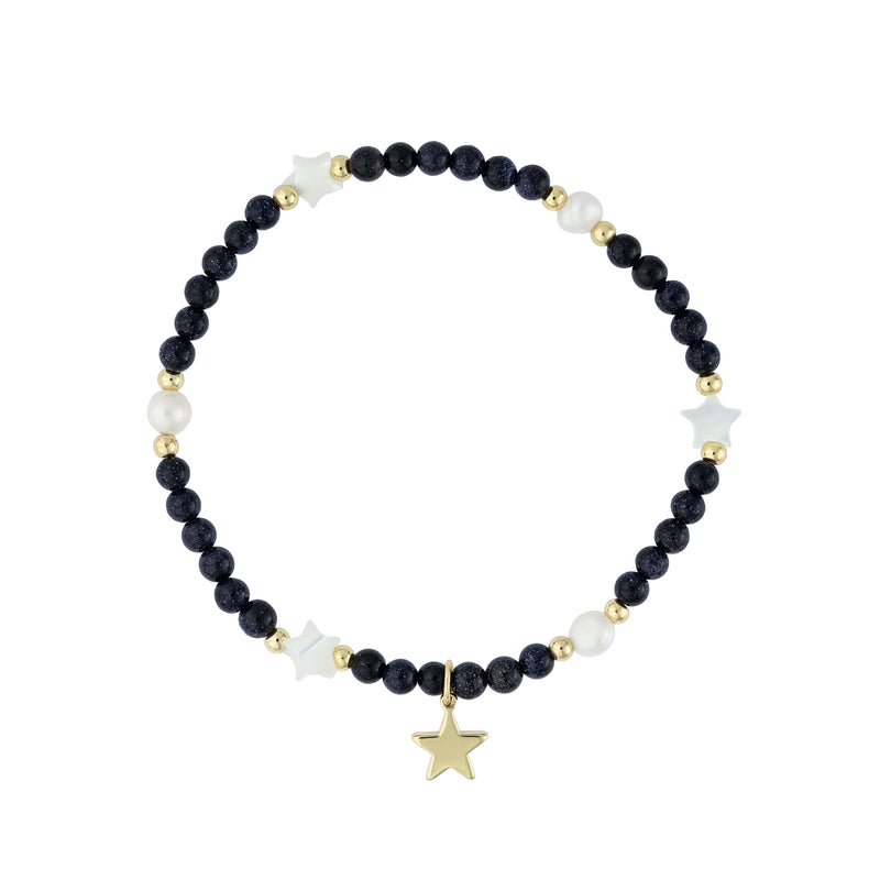 STONE BEAD BRACELET W/MOP STAR & PEARLS NAVY BLUE