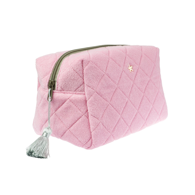 TERRY QUILTED MAKE-UP POUCH LARGE BUBBLEGUM PINK W/MILIEU GREEN