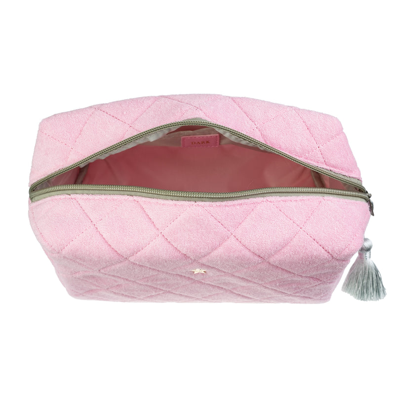 TERRY QUILTED MAKE-UP POUCH LARGE BUBBLEGUM PINK W/MILIEU GREEN