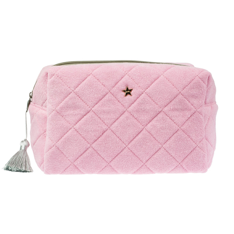 TERRY QUILTED MAKE-UP POUCH LARGE BUBBLEGUM PINK W/MILIEU GREEN