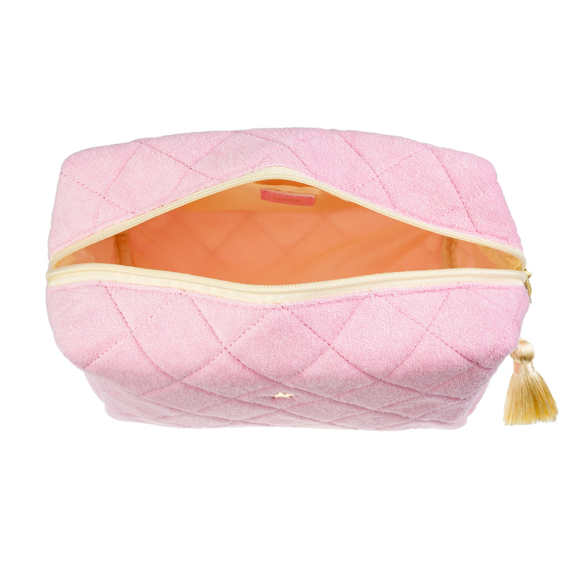 TERRY QUILTED MAKE-UP POUCH LARGE BUBBLEGUM PINK W/PALE YELLOW