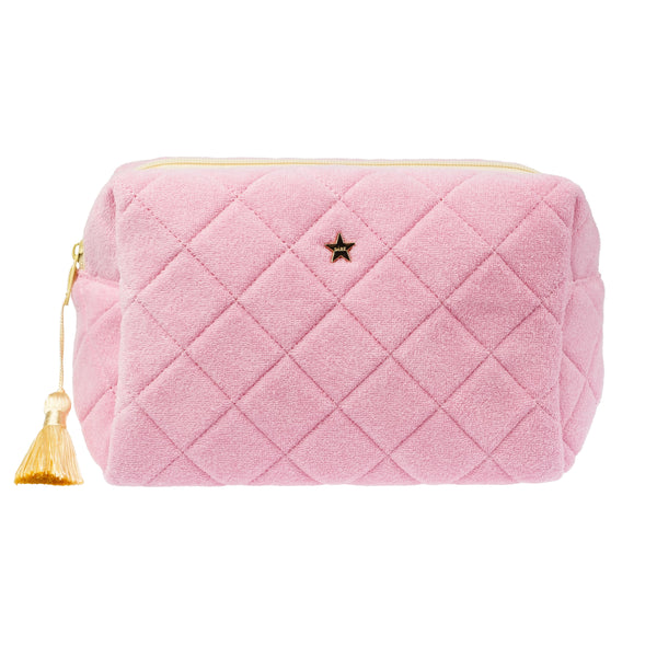 TERRY QUILTED MAKE-UP POUCH LARGE BUBBLEGUM PINK W/PALE YELLOW