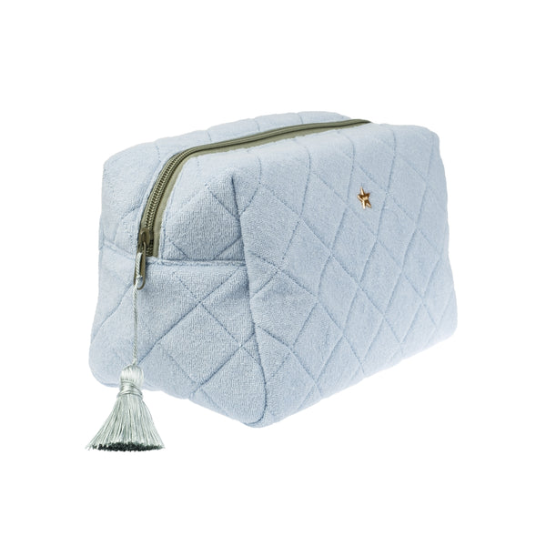 TERRY QUILTED MAKE-UP POUCH LARGE COOL BLUE W/MILIEU GREEN