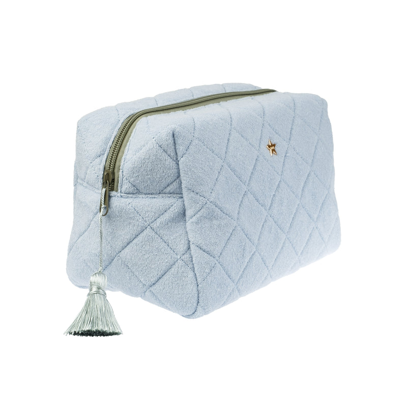 TERRY QUILTED MAKE-UP POUCH LARGE COOL BLUE W/MILIEU GREEN