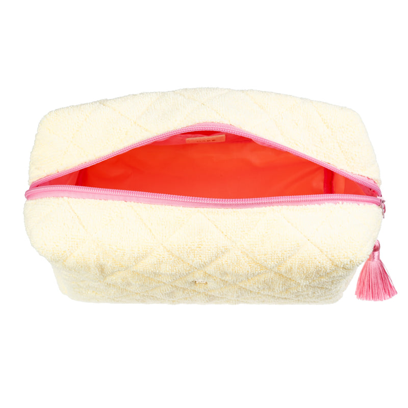 TERRY QUILTED MAKE-UP POUCH LARGE PALE YELLOW W/BUBBLEGUM PINK