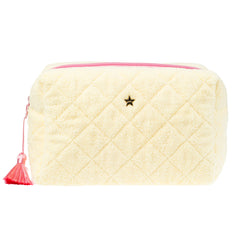 TERRY QUILTED MAKE-UP POUCH LARGE PALE YELLOW W/BUBBLEGUM PINK