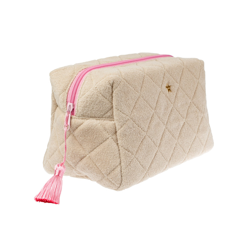 TERRY QUILTED MAKE-UP POUCH LARGE SAND W/BUBBLEGUM PINK