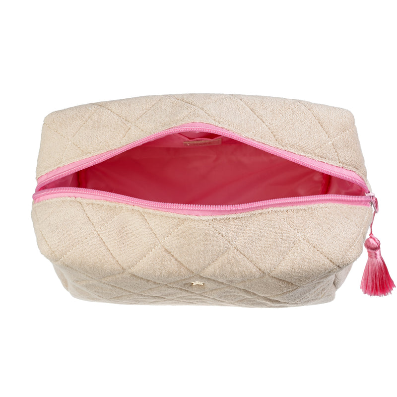 TERRY QUILTED MAKE-UP POUCH LARGE SAND W/BUBBLEGUM PINK