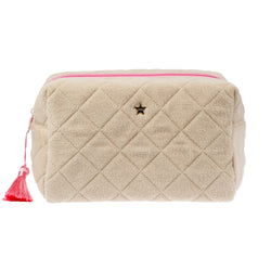 TERRY QUILTED MAKE-UP POUCH LARGE SAND W/BUBBLEGUM PINK