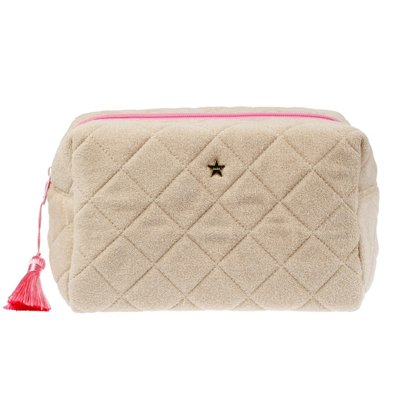 TERRY QUILTED MAKE-UP POUCH LARGE SAND W/BUBBLEGUM PINK