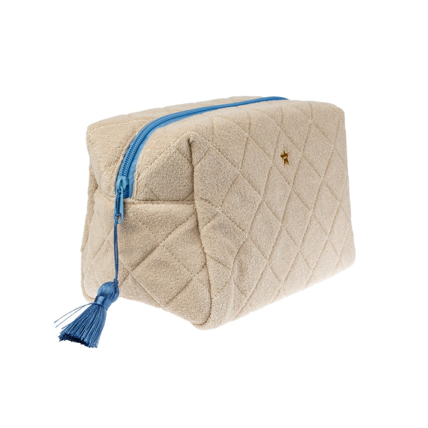 TERRY QUILTED MAKE-UP POUCH LARGE SAND W/IBIZA BLUE