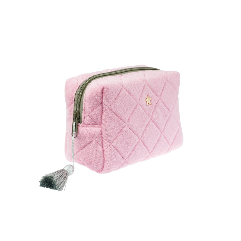 TERRY QUILTED MAKE-UP POUCH SMALL BUBBLEGUM PINK W/MILIEU GREEN