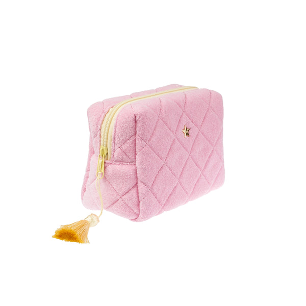 TERRY QUILTED MAKE-UP POUCH SMALL BUBBLEGUM PINK W/PALE YELLOW