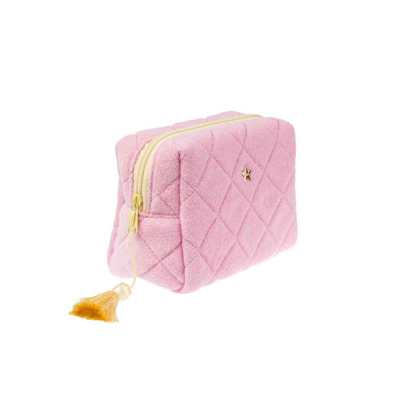 TERRY QUILTED MAKE-UP POUCH SMALL BUBBLEGUM PINK W/PALE YELLOW