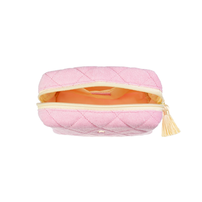 TERRY QUILTED MAKE-UP POUCH SMALL BUBBLEGUM PINK W/PALE YELLOW