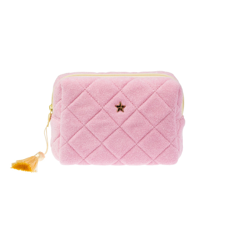 TERRY QUILTED MAKE-UP POUCH SMALL BUBBLEGUM PINK W/PALE YELLOW