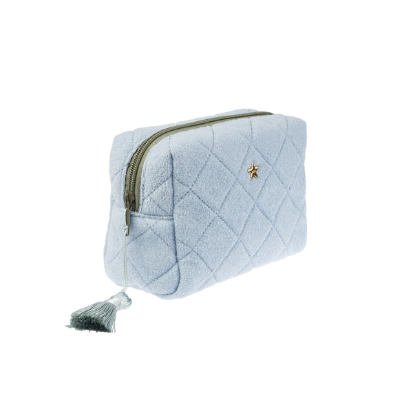 TERRY QUILTED MAKE-UP POUCH SMALL COOL BLUE W/MILEU GREEN