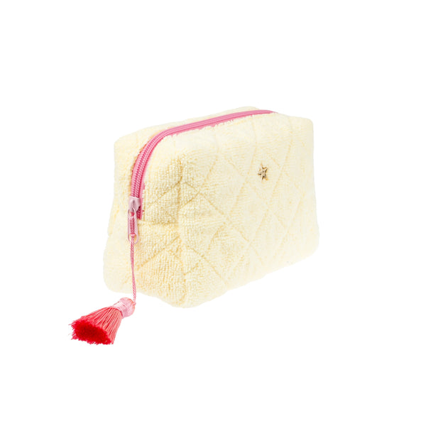 TERRY QUILTED MAKE-UP POUCH SMALL PALE YELLOW W/BUBBLEGUM PINK