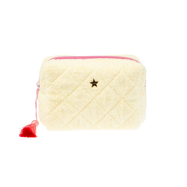 TERRY QUILTED MAKE-UP POUCH SMALL PALE YELLOW W/BUBBLEGUM PINK