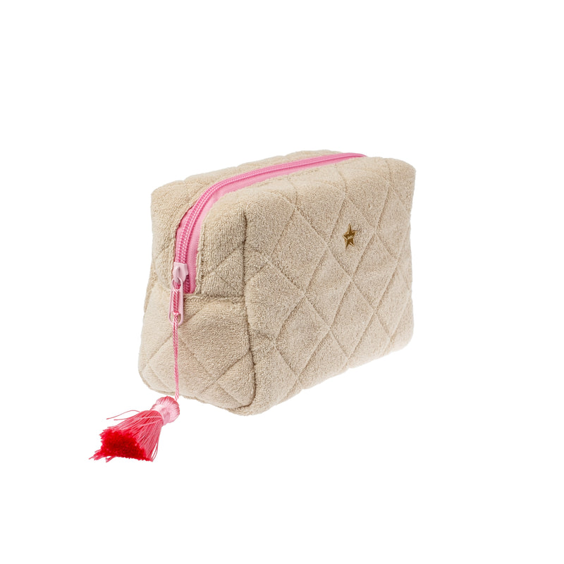 TERRY QUILTED MAKE-UP POUCH SMALL SAND W/BUBBLEGUM PINK