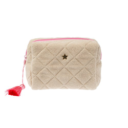 TERRY QUILTED MAKE-UP POUCH SMALL SAND W/BUBBLEGUM PINK