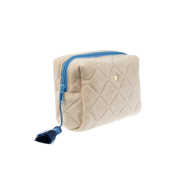 TERRY QUILTED MAKE-UP POUCH SMALL SAND W/IBIZA BLUE