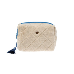 TERRY QUILTED MAKE-UP POUCH SMALL SAND W/IBIZA BLUE