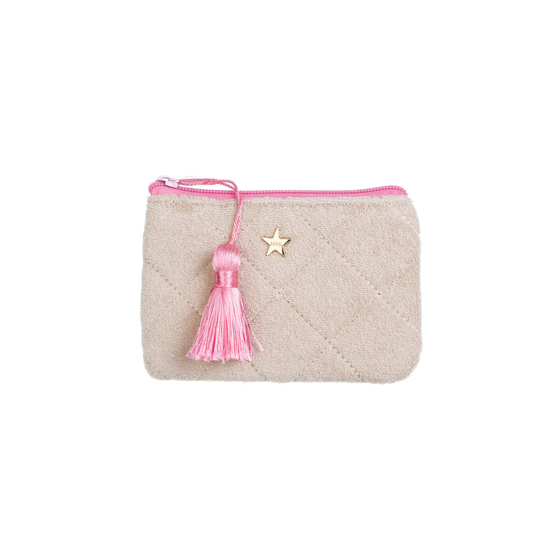 TERRY QUILTED MINI POUCH SAND W/BUBBLEGUM PINK