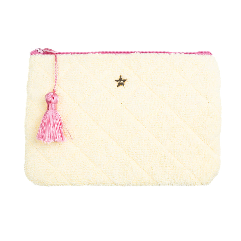 TERRY QUILTED SMALL POUCH PALE YELLOW W/BUBBLEGUM PINK